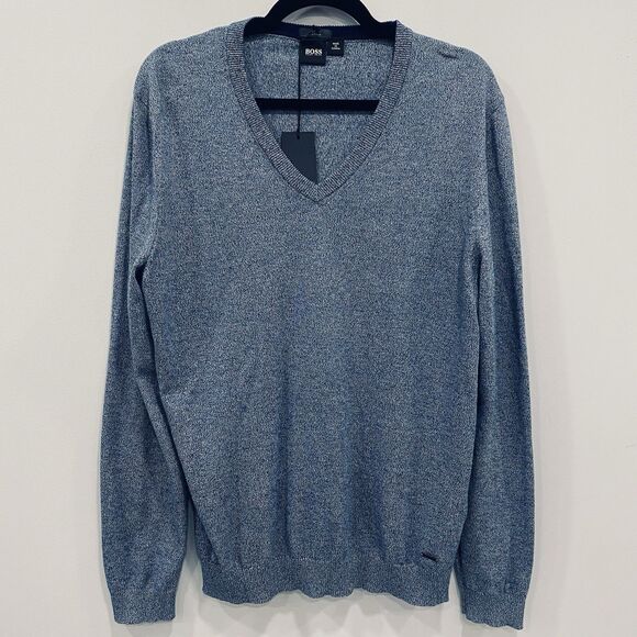 NWT HUGO BOSS Black Label Mens L Blue Slim Fit V-Neck Knit Sweater Jumper Preppy - Picture 1 of 16